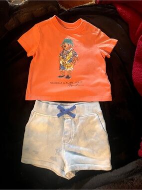 Ralph Lauren Orange Polo Bear Tee with Light Blue Shorts Set